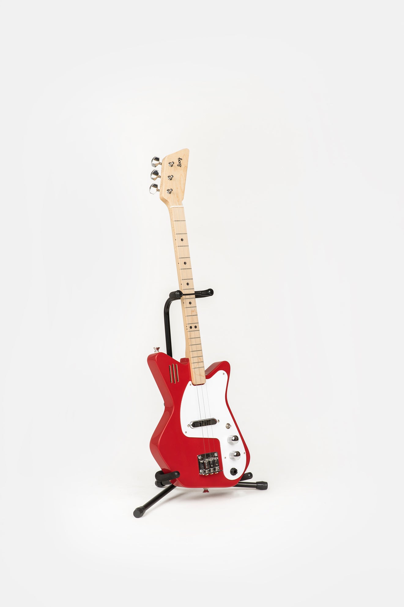 red pro electric guitar on loog stand